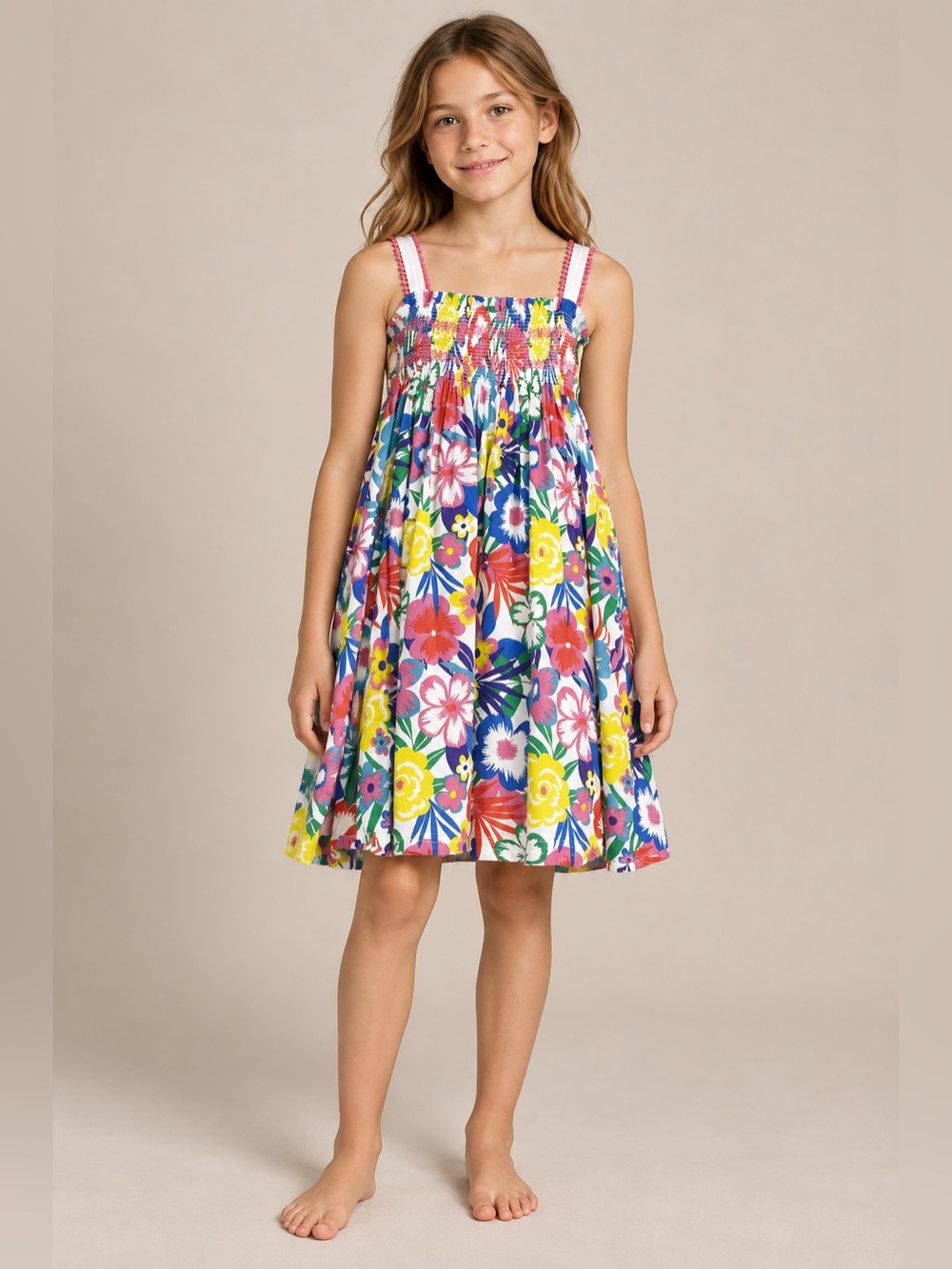 Mini Boden Girls 11-12Y Pom Trim Floral Print Sundress Multicolor Cotton